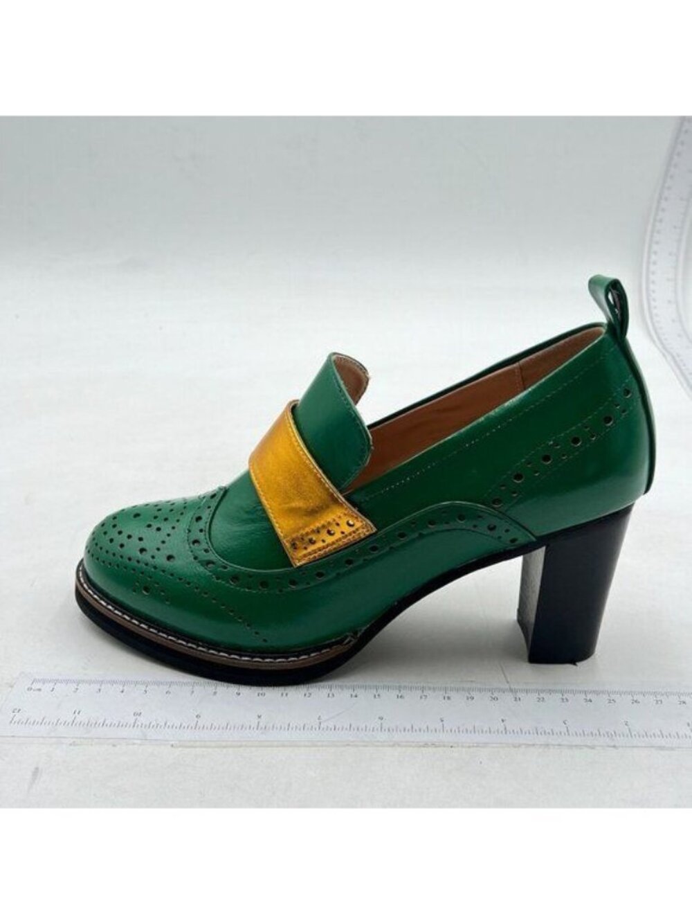 Women Chunky High Heels Round Toe Oxford Loafer Shoes Slip On  Work Pumps Green